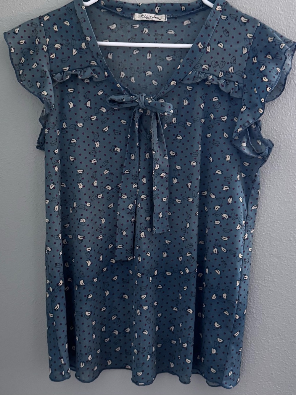 Teal Little Chickadee Tie-Neck Ruffle Sleeve Maternity Blouse, XL